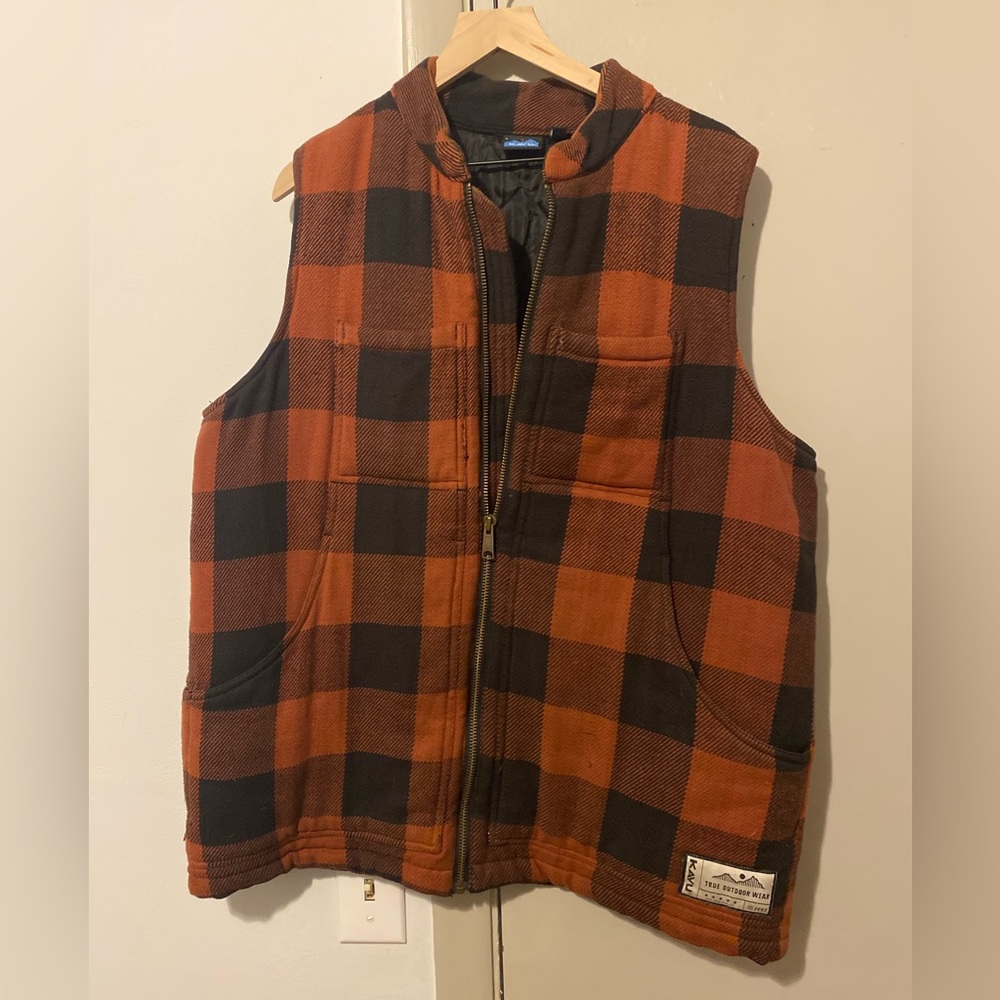 Men’s Kavu Vest, Orange and Black Plaid, Size L